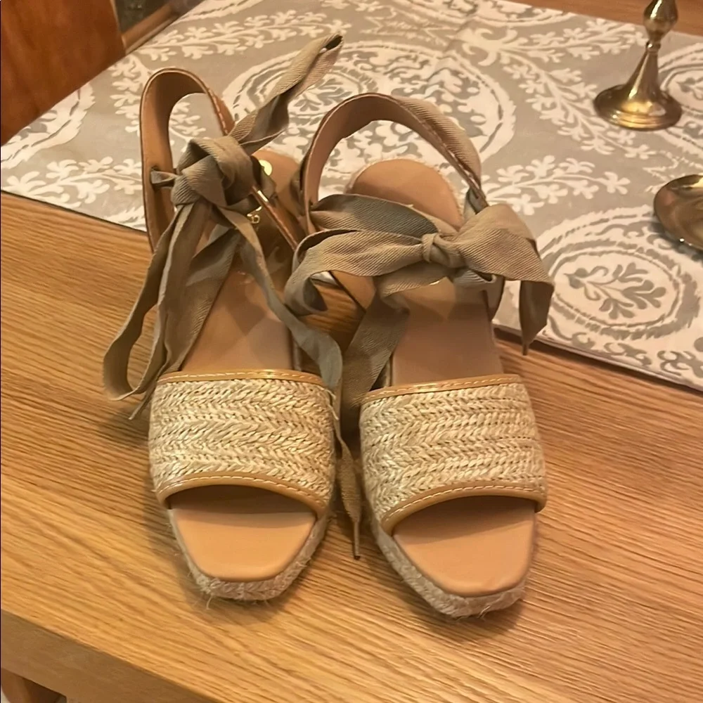 Woven Espadrille Platform Sandals with Ankle Tie - Tan